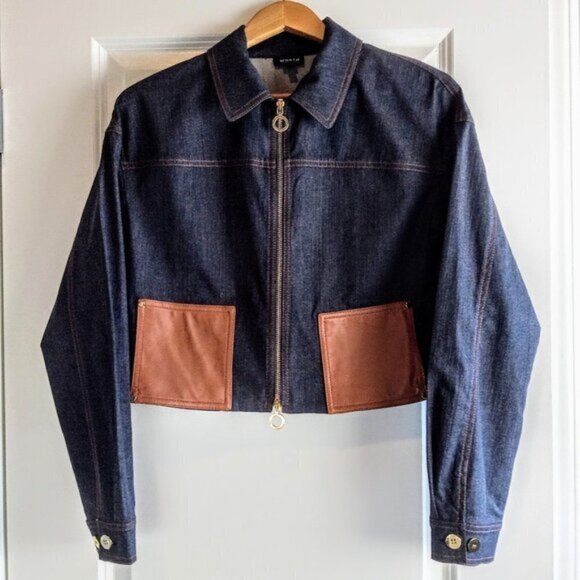 Worth Jackets & Blazers - Worth Blue Denim Camel Leather Pocket Zip Jacket